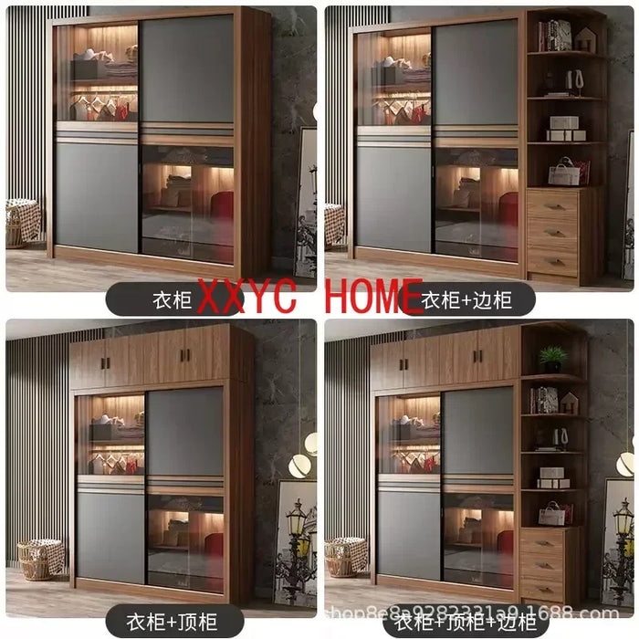 Simple Modern Organizer Wardrobe Clothes Wooden Bedroom Nordic Wardrobe Glass Sliding Door Hanger Rail Ropero Household Items