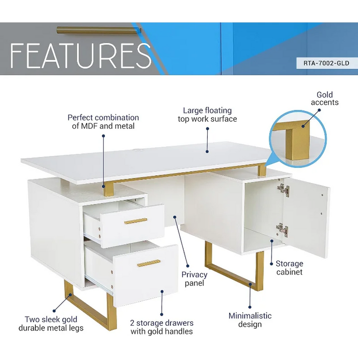 Storage Drawers and Cabinet 51.25” W-Modern Office Large Floating Desktop Surface Desk, White/Gold
