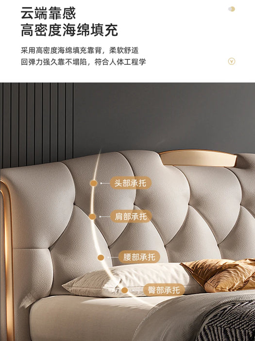 Minimalist Italian Style Leather Bed with Soft Headboard for Master Bedroom