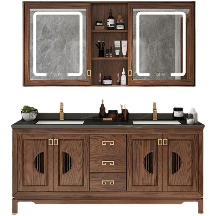 Vintage Oak Bathroom Cabinet Solid Wood Bathroom Vanity Cabinet with Sink Ceramic Washbasin Slate Countertop Bathroom Furniture
