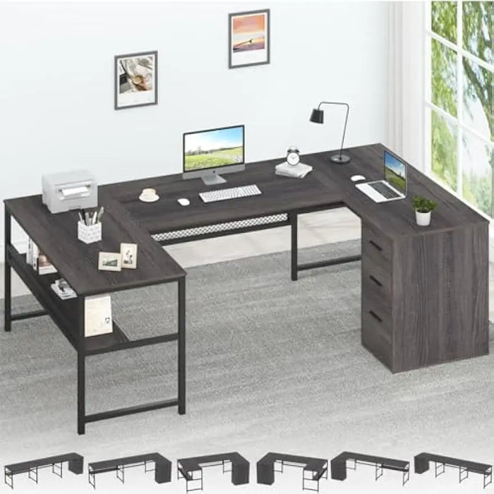 Shaped Desk with Drawers, L Shaped Computer Desk with Storage Shelf, Large Reversible Wood Executive Home Office Desk