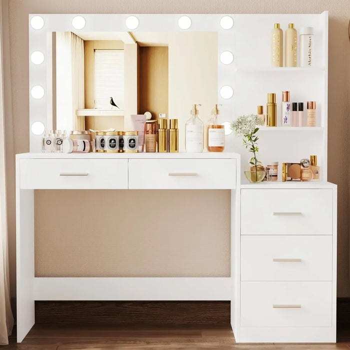 Bedroom Dressing Table, with Lighted Mirror, Vanity Desk with Storage Shelf & 5 Drawers,11 LED Lights, 46.7" Makeup Vanity Table