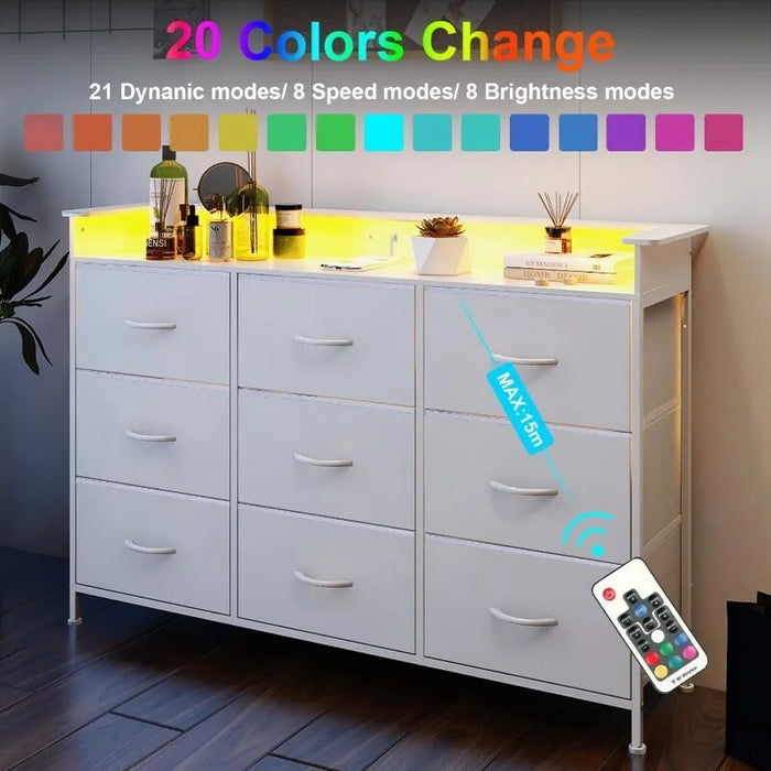 White Dresser with LED Light for Bedroom 9 Drawer Dressers with Charging Station Chests of Drawers for Entryway Closet Kids Room