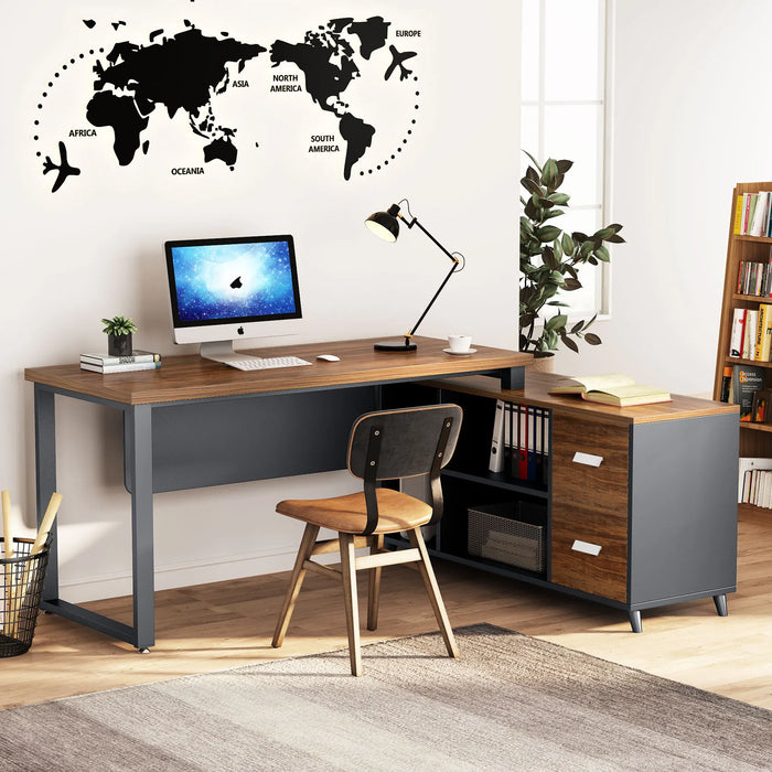 Tribesigns L Shaped Desk with File Drawer, 55 Inch Executive Office Desk with Cabinet Storage Shelves, L Shaped Computer Deske