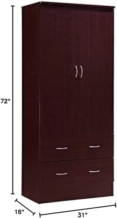 HODEDAH IMPORT Two Door Wardrobe, with Two Drawers, and Hanging Rod, Mahogany