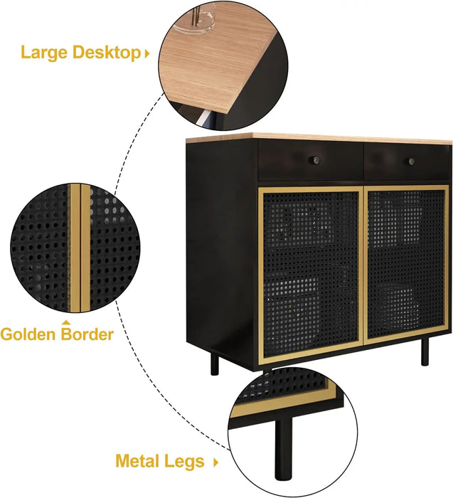 Modern Buffet Sideboard Cabinet, Iron Rattan Kitchen Accent Storage Cabinet Console Television Table with 2 Doors and 2 Drawers,