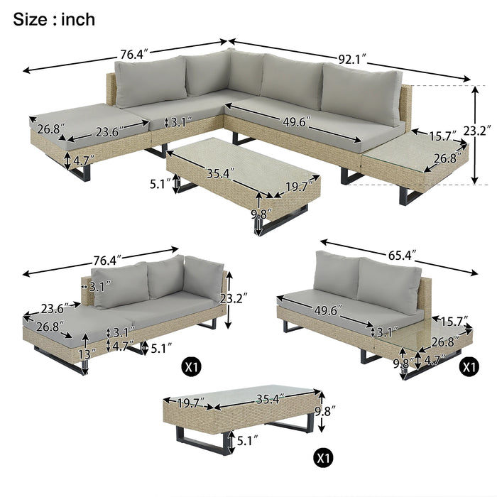 3-piece Outdoor Wicker Sofa Patio Furniture Set, L-shaped Corner Sofa, Water And UV Protected Two Glass Table Adjustable Feet