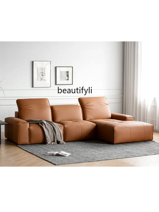 Leather Corner Sofa First Layer Cowhide Italian Style Minimalistic Straight Row Three-Seat Tofu Block Sofa  living room sofa