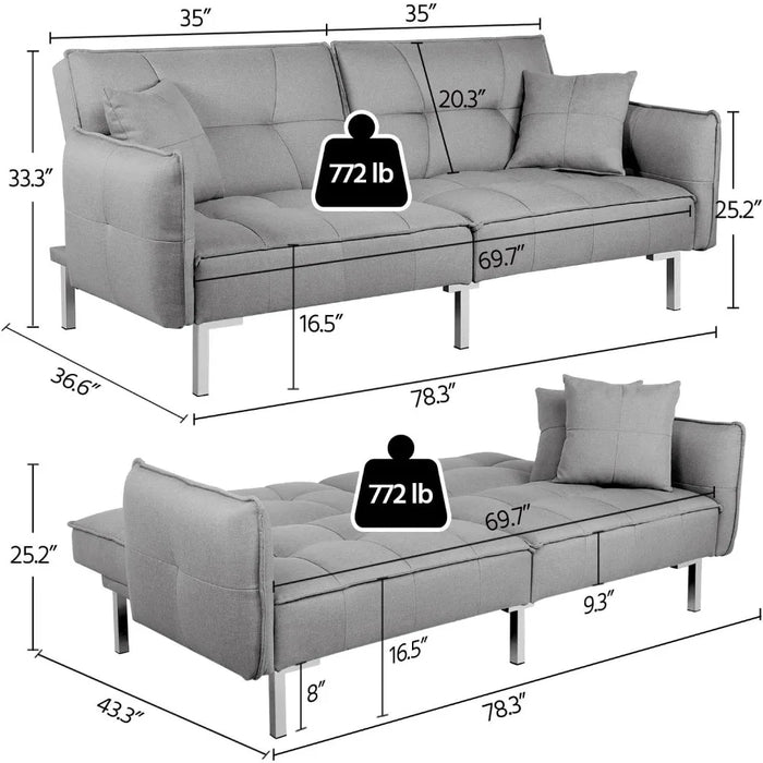 Sleeper Sofa Couch Bed Convertible Futon Couches Sofas Bed Fold Up and Down Linen Fabric Recliner Living Room Gray Couch