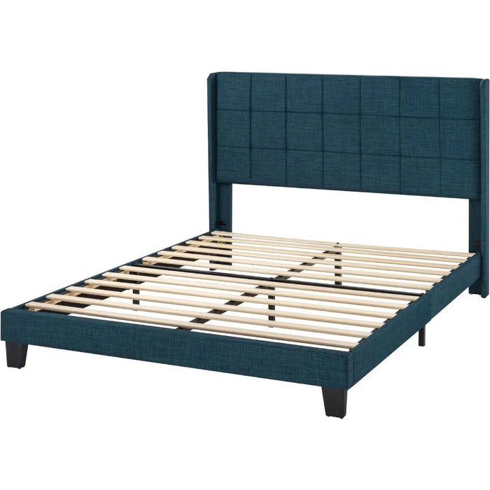 Queen Size Platform Bed Frame with Wingback, Fabric Upholstered Square Stitched Headboard and Wooden Slats