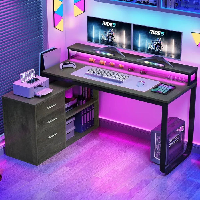 L-shaped Table with 3 Drawers, Corner Computer Desk with Power Socket and LED Light, Filing Cabinet with Home Office