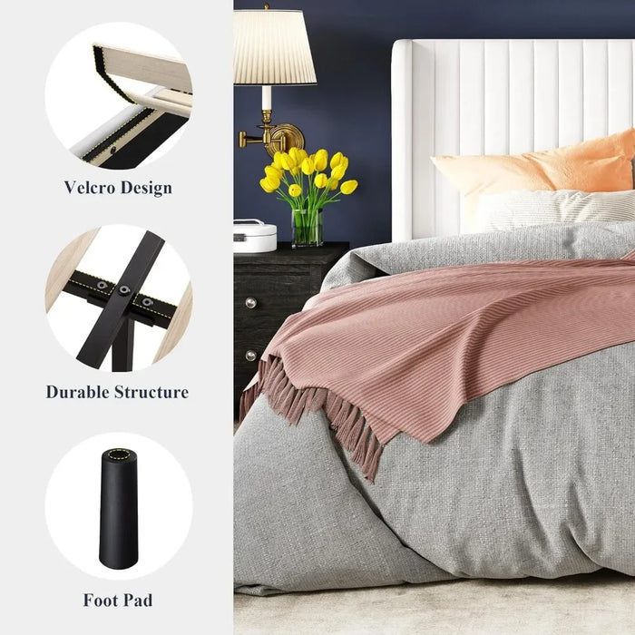 Bed FrameVelvet Bed Frame vertical groove tufted wing back headboard padded platform bed no springs required sturdy wooden slats
