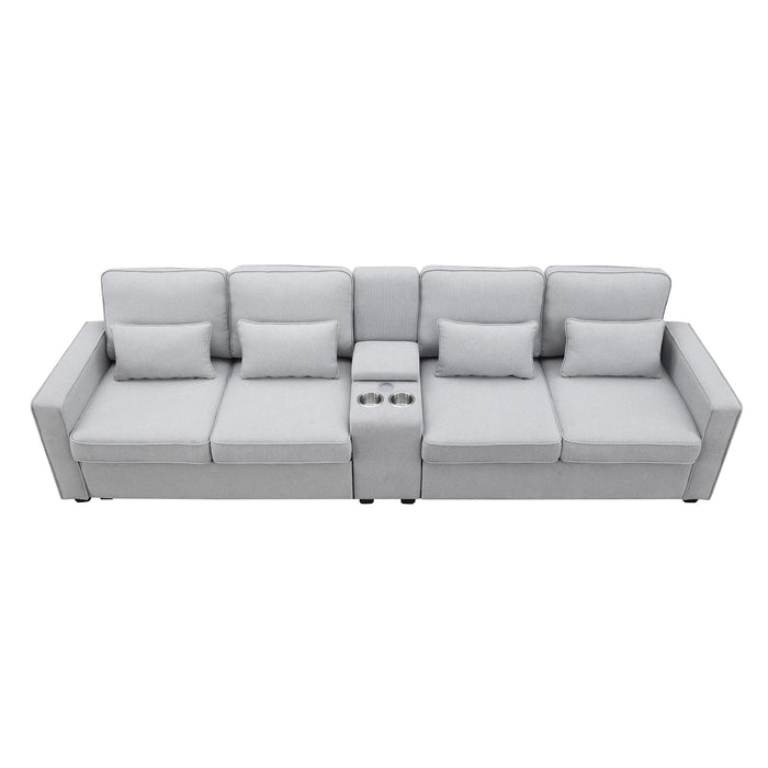 Upholstered Sofa with Console, 2 Cupholders and 2 USB Ports Wired or Wirelessly Charged, Linen Fabric Couches with 4 Pillows