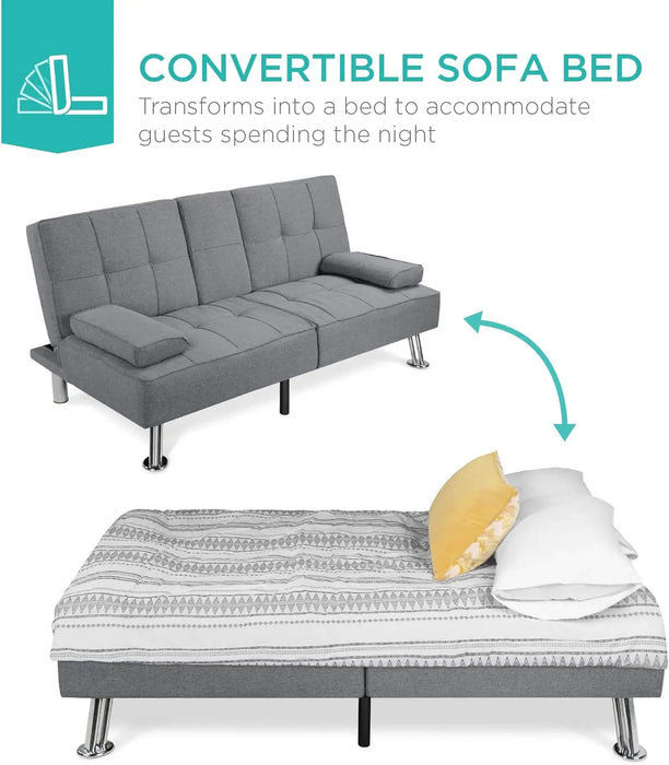 Modern Folding Futon, Reclining Sofa Bed for Apartment, Dorm w/Removable Armrests, 2 Cupholders - Gray