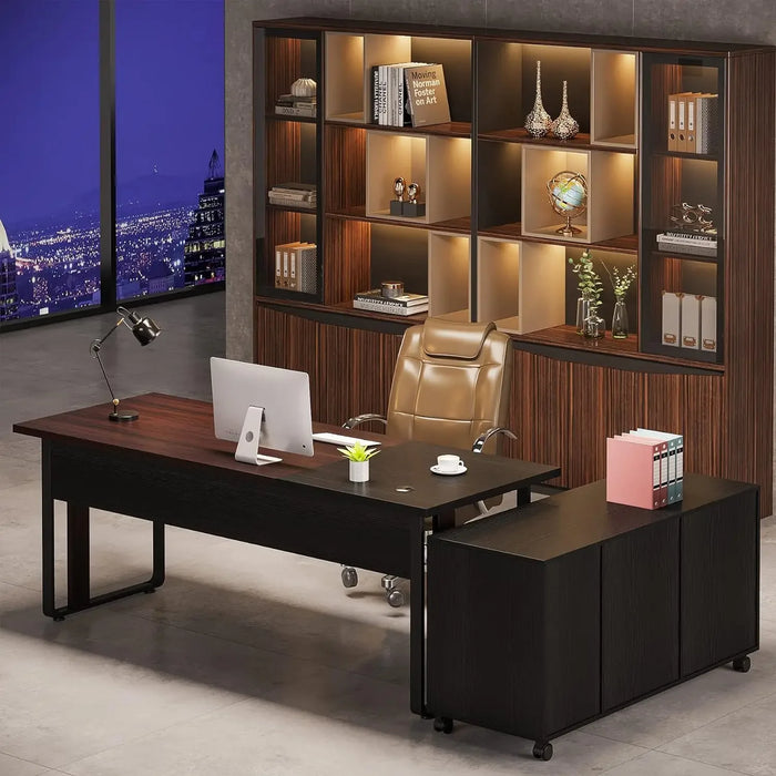 Large Executive Office Desk with Lateral File Cabinet,L Shaped Office Desk with Drawers and Storage,Home Office Furniture Sets