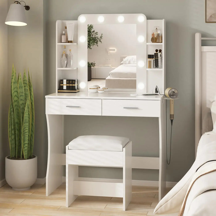 Vanity Desk with Lights,Makeup Vanity with Power Strip,Dressing Table Set with 2 Large Drawers,Vanity Mirror 3 Lighting Color Ad