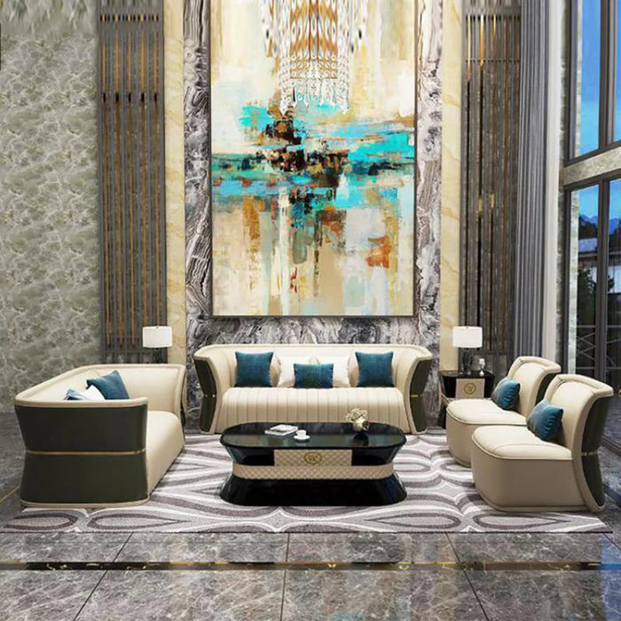 Modern Luxury Leather with Wooden Sofa Set, Leather Couch for Living Room Luxury Sofa