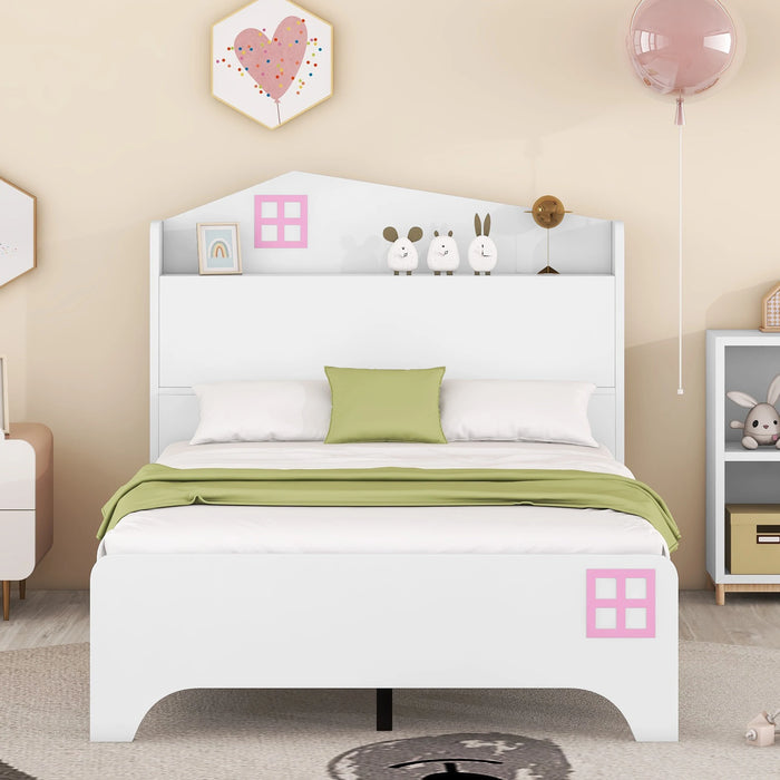 [Flash Sale]Full/Twin Size Wooden House Bed with Storage Headboard Kids Bed with Storage Shelf Grey/White[US-W]