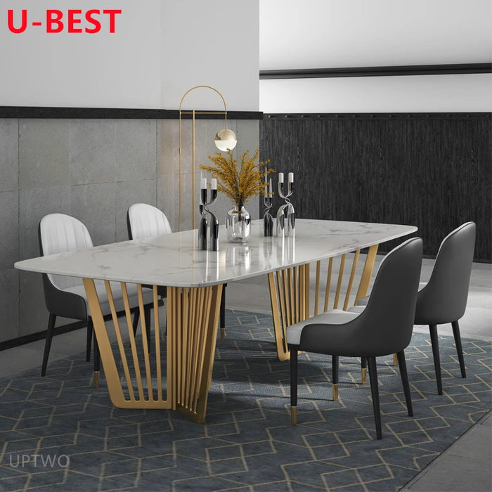 U-BEST European Style White Marble Stone Top Design Dining Table Modern Minimalist Rectangular Glossy Table Golden Furniture