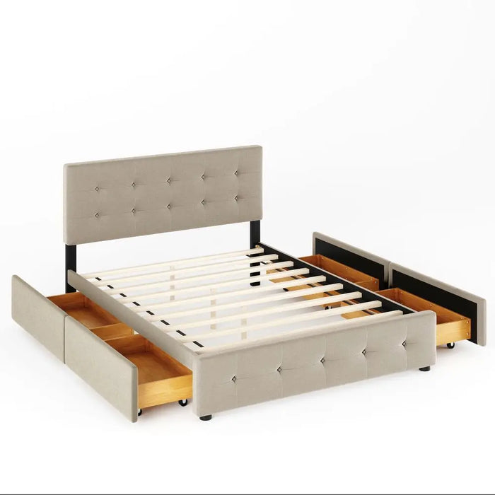 Upholstered Platform Bed with Classic Headboard and 4 Drawers, No Box Spring Needed, Linen Fabric, Queen Size - 3 Colors