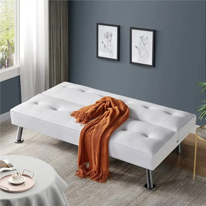 Modern Convertible Futon Sofa Bed, Pull Out Sleeper Couch for Living Room or Bedroom, White