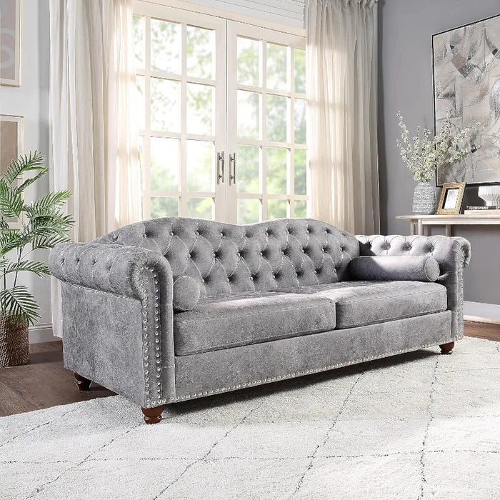 Upholstered Sofa Couch with Deep Seats, Comfy Chesterfield Leather Sofa with 2 Pillows, Traditional Tufted Sofa for Living Room