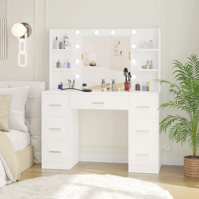 Vanity Desk, Makeup Vanity with 10 LED Lights & 7 Metal Sliding Drawers, Brightness Adjustable, Vanity Table with 6 Open
