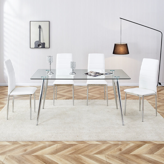 1 table and 6 white chairs, table and chair set. Glass dining table, 0.4 inch thick transparent tempered glass tabletop and silv
