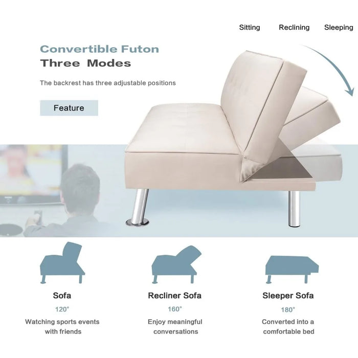 Sofa Bed Convertible Folding Futon Upholstered Sleeper Compact Fabric Recliner Sofa Legs Beige Couch