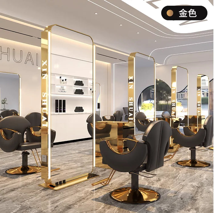 High end hair salon mirror table, hair cutting mirror, full body illuminated, double-sided floor mirror