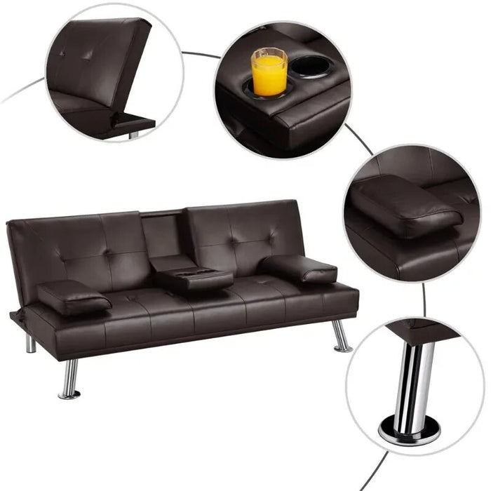 LuxuryGoods Modern Faux Leather Futon with Cupholders and Pillows, Espresso furniture living room