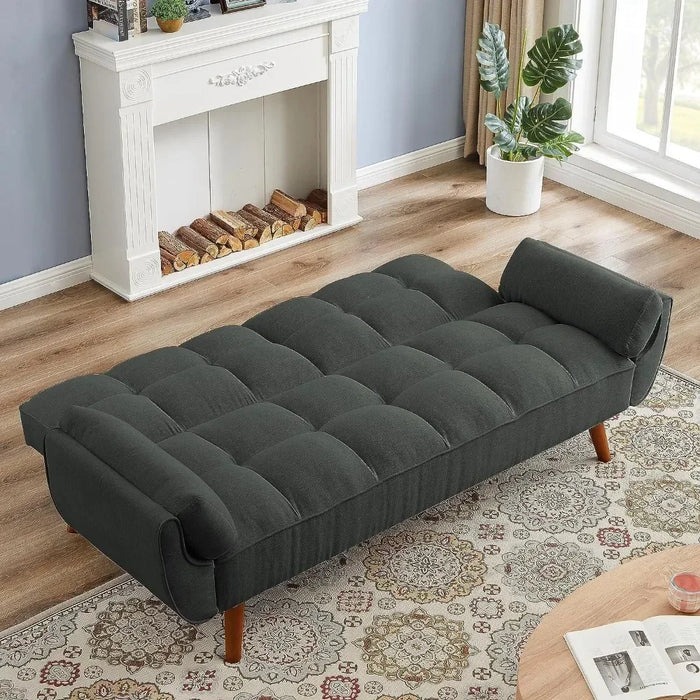 Modern Convertible Tufted Linen Upholstered Futon Sofa Daybed W/2 Pillows Luxury Sofa in the Living Room Overstuffed Comfy Home