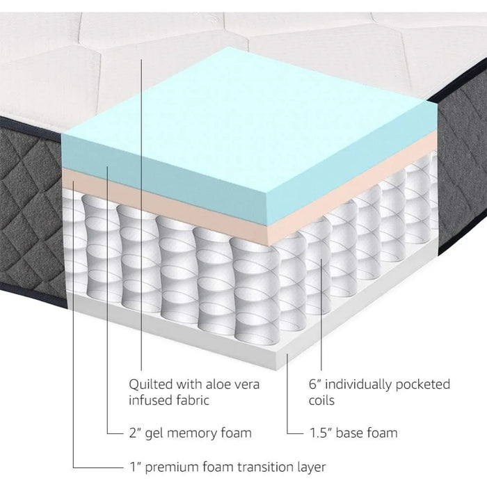 12" Queen Gel Memory Foam Hybrid Mattress, Medium Touch Sport Isolation Spring, White, Grey