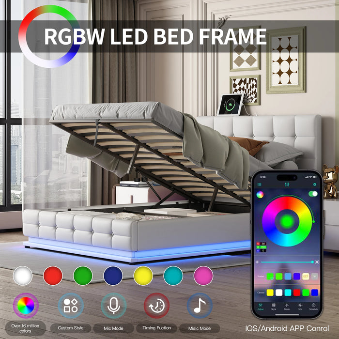 Tufted Upholstered Platform Bed with Hydraulic Storage System,Full/Queen Size PU Storage Bed with LED Lights and USB charger