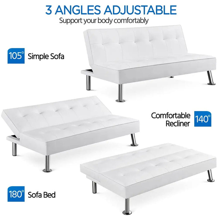 Modern Convertible Futon Sofa Bed, Pull Out Sleeper Couch for Living Room or Bedroom, White