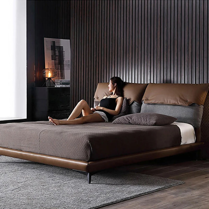 Minimalist Home Furniture Design Pine Wood King Size Leather Bedroom Bed Brown Queen Size Minimalist Double Bed