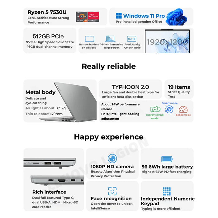 Lenovo Xiaoxin 16 Laptop AMD Ryzen 5 7530U  2023 Notebook 16-Inch 16GB RAM 512GB/1TB/2TB SSD Integrated Graphics Computer Win11