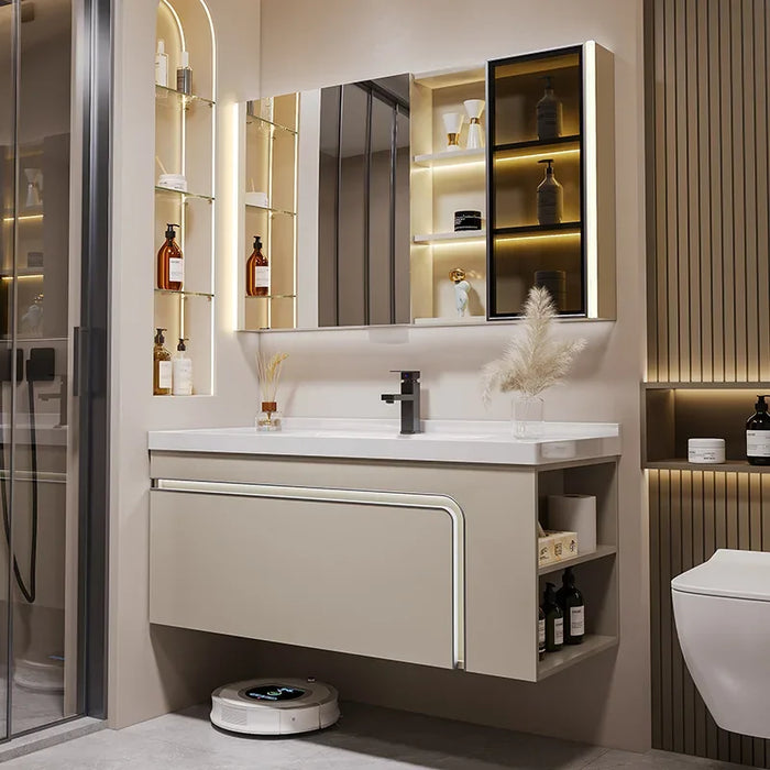 Light Luxury Bathroom Cabinets with Side Storage Ceramic Integrated Washbasin Bathroom Sink Cabinet Vanity Bathroom Furniture