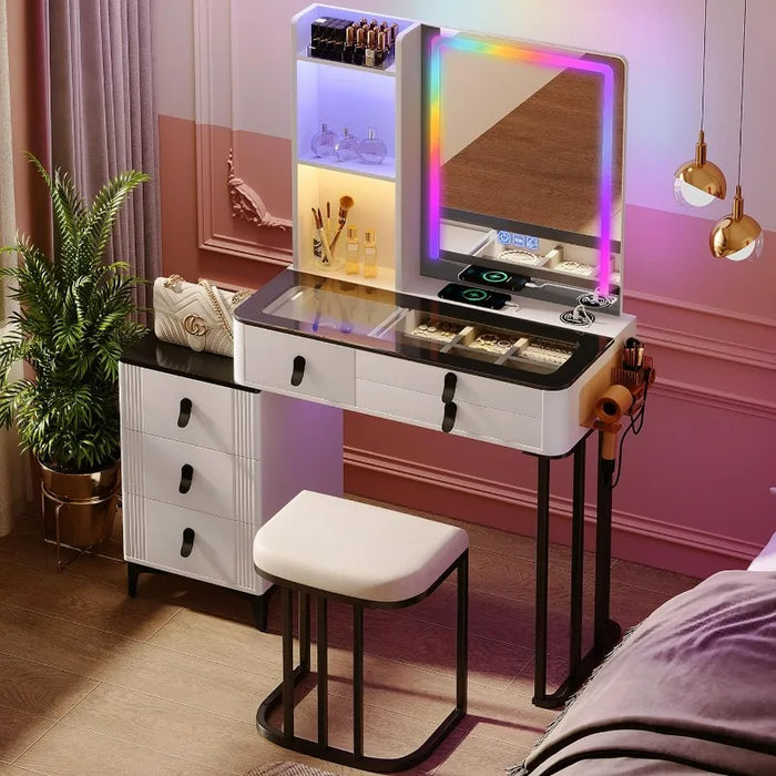 Vanity-with-Mirror-and-Lights Makeup Desk - White Dressing Table Set with Chair Glass Desktop Charging Station 6 Drawers
