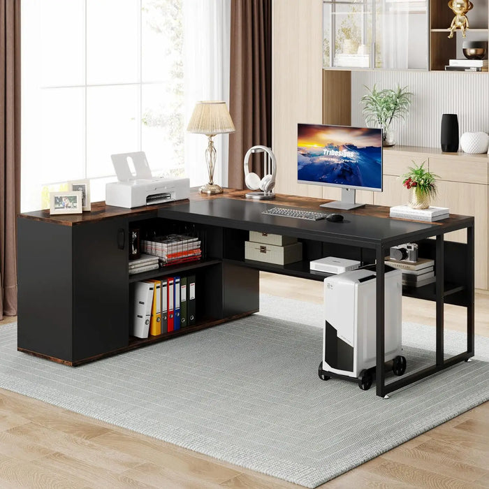 71 inch Executive Desk,L Shaped Desk with Cabinet Storage,Executive Office Desk with Shelves,Business Furniture Desk Workstation