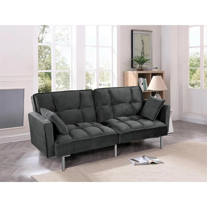 Velvet Pull Out Couch With Mid-Century Style Sofa Bed Ideal for for Guests and Sleepovers Tufted Design and Metal Legs Black