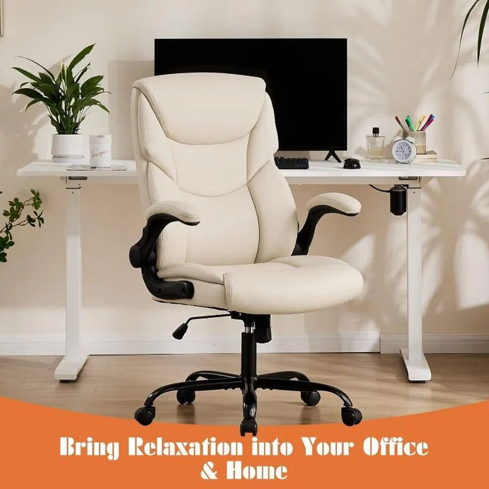Sweetcrispy Home Office Chair, Ergonomic High Back Heavy Duty Task Chair with Flip-up Arms, PU Leather, Adjustable Swivel Cream