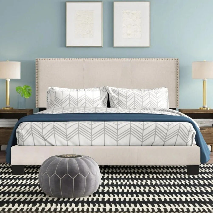 Wooden Bed Headboards Full Bedroom Beds and Furniture Royale Upholstered Platform Bed With Nail Trim Headboard Beds & Furnitures