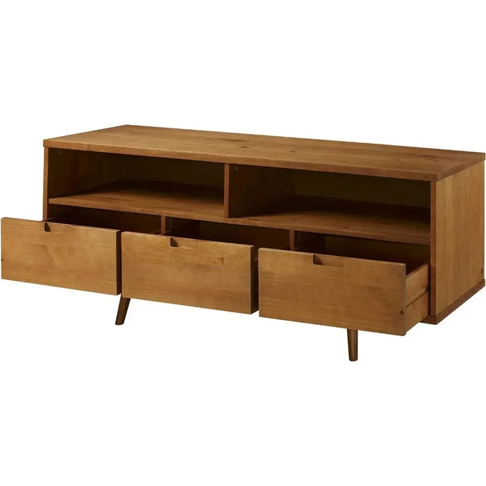 3-Drawer Mid Century Modern Wood TV Stand for TV's up to 65" Flat Screen Cabinet Door Living Room Storage, 58 Inch, Caramel