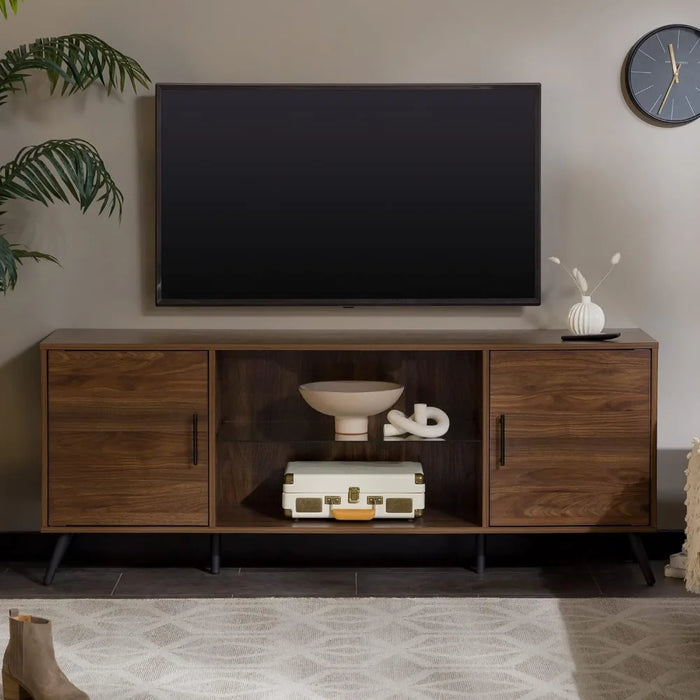 Tv living room cabinet cabinet,Modern Glass Shelf TV Stand for TVs up to 65 Inches, 60 Inch, Walnut