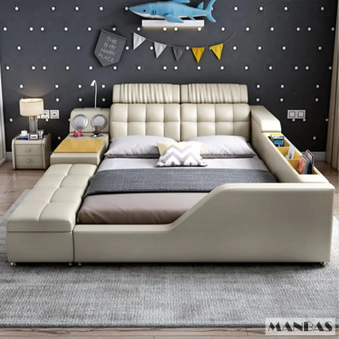 Linlamlim Tech Smart Bed 2 People - King Size Multifunctional Ultimate Bed Frame Queen with Genuine Leather,Bluetooth Speaker