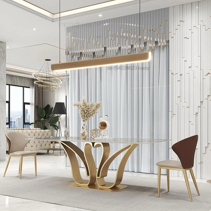 Luxury Dining Room Swan Shape Rectangular Island Table 1.8m And 6 Chairs Set Golden Coffee Kitchen Design Marble Furniture