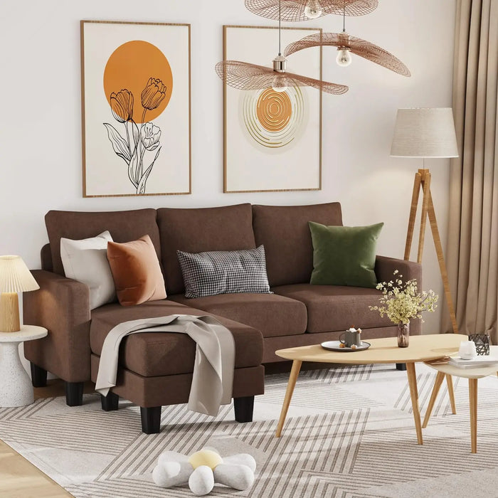 YESHOMY Convertible Sectional 3 L-Shaped Couch Soft Seat with Modern Linen Fabric, Small Space Sofas for Living Room Brown