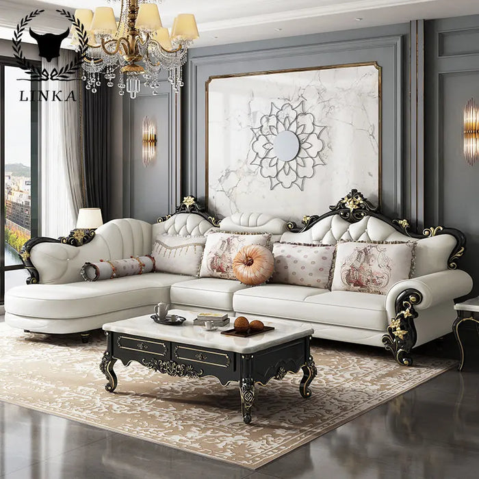 European Leather Sofa Combination Living Room High-end Luxury Modern American Light Luxury Corner Solid Wood Furniture