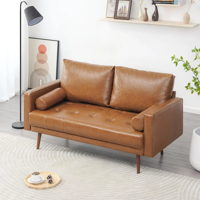 56" Loveseat Small Couch, 2 Seater Sofa Faux Leather Couch with Hand-Stitched Cushion and Bolster Pillows for Living Room